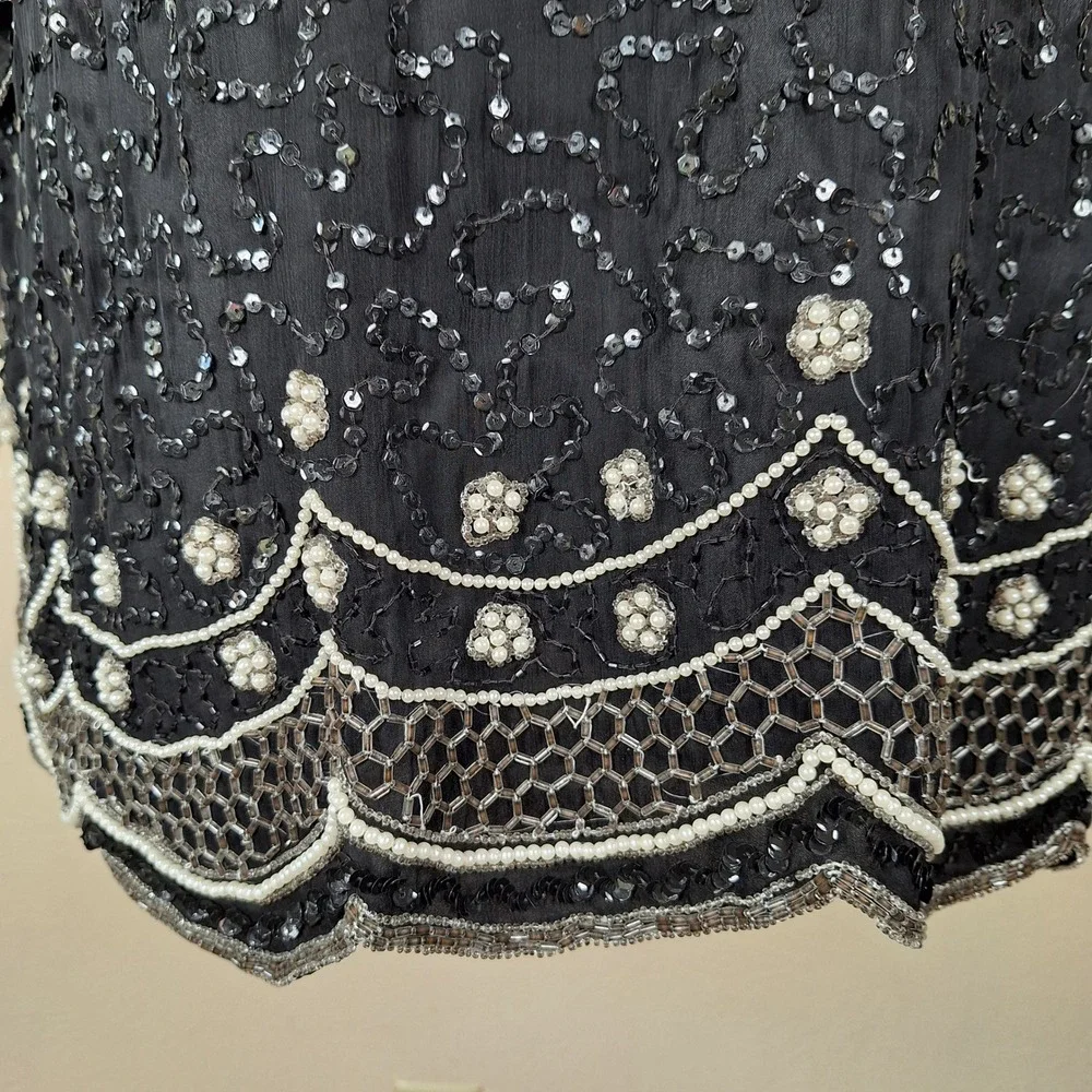 Laurence Kazar Vintage Sequin Oversized Top 80s Glam Embellished Keyhole
